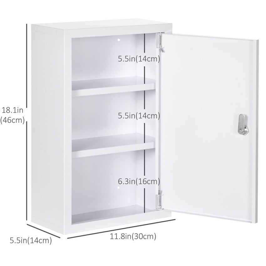 Lockable Medicine Cabinet, 3 Tier Steel Medical Wall Box with 2 Keys and Shelves for Bathroom, White