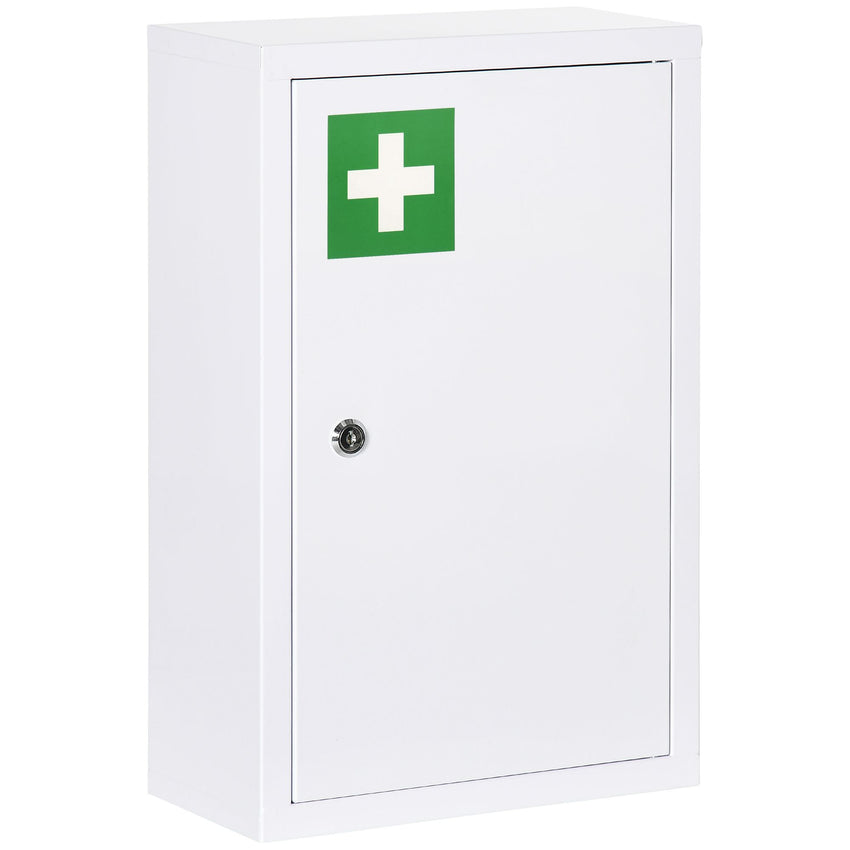 Lockable Medicine Cabinet, 3 Tier Steel Medical Wall Box with 2 Keys and Shelves for Bathroom, White