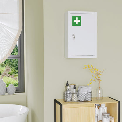 Lockable Medicine Cabinet, 3 Tier Steel Medical Wall Box with 2 Keys and Shelves for Bathroom, White