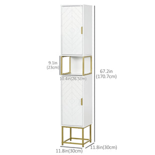 Tall Bathroom Storage Cabinet, Modern Narrow Bathroom Cabinet with Diamond Chevron Pattern and Adjustable Shelf, White