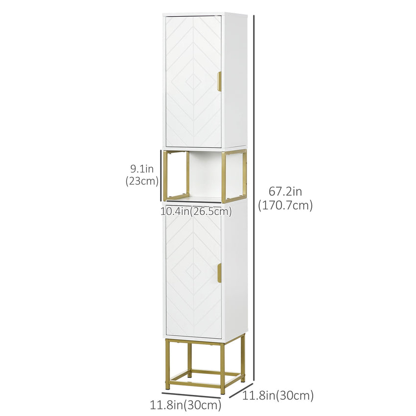 Tall Bathroom Storage Cabinet, Modern Narrow Bathroom Cabinet with Diamond Chevron Pattern and Adjustable Shelf, White