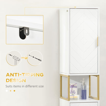 Tall Bathroom Storage Cabinet, Modern Narrow Bathroom Cabinet with Diamond Chevron Pattern and Adjustable Shelf, White