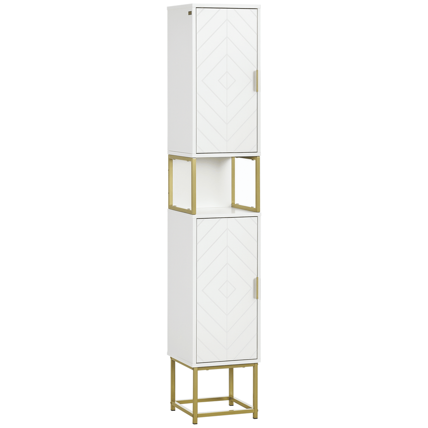 Tall Bathroom Storage Cabinet, Modern Narrow Bathroom Cabinet with Diamond Chevron Pattern and Adjustable Shelf, White