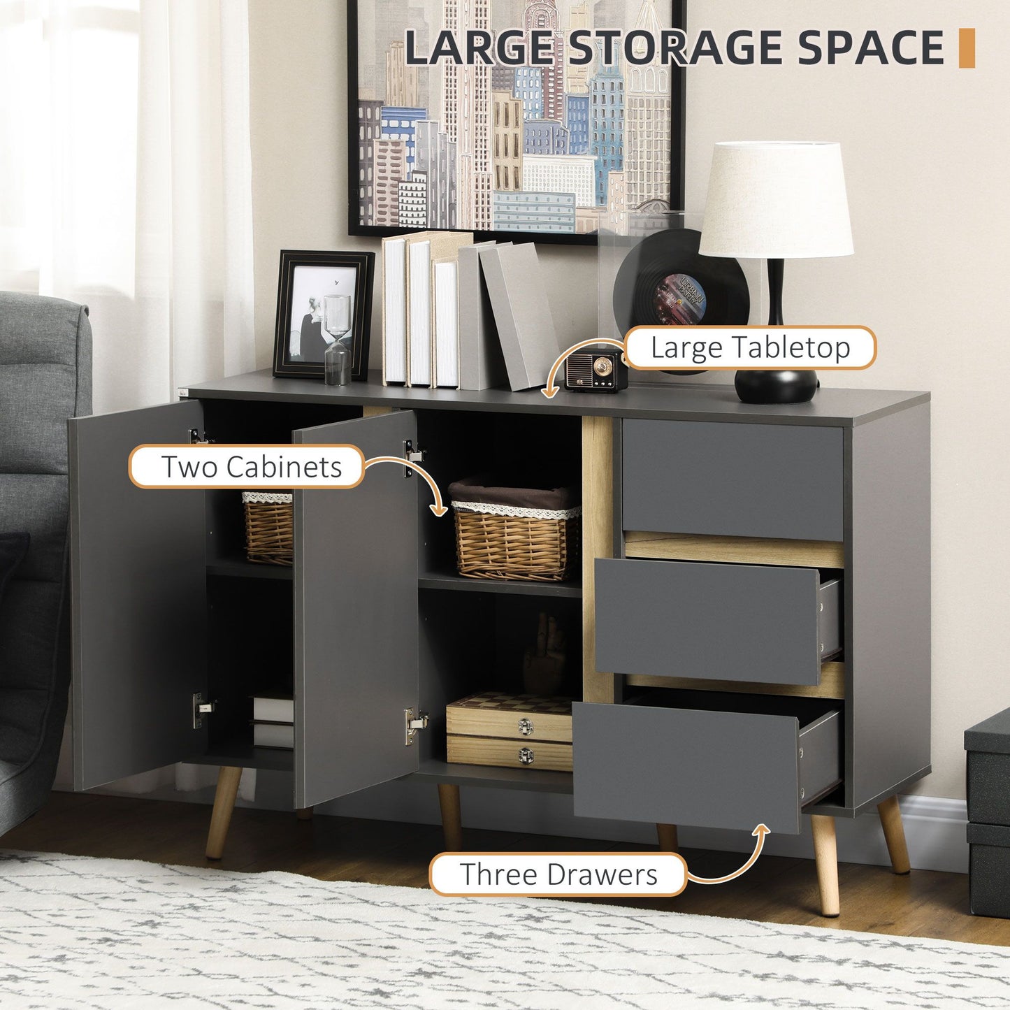 Sideboard Buffet Cabinet with Adjustable Shelves - Dark Grey
