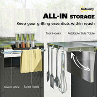 Outdoor Grill Dining Cart with Stainless Steel Top, Pizza Oven Stand Table with Foldable Side Table, Silver