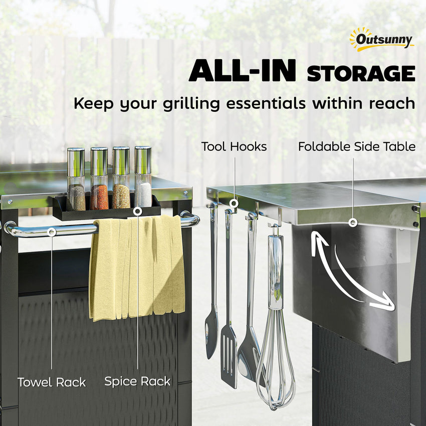 Outdoor Grill Dining Cart with Stainless Steel Top, Pizza Oven Stand Table with Foldable Side Table, Silver