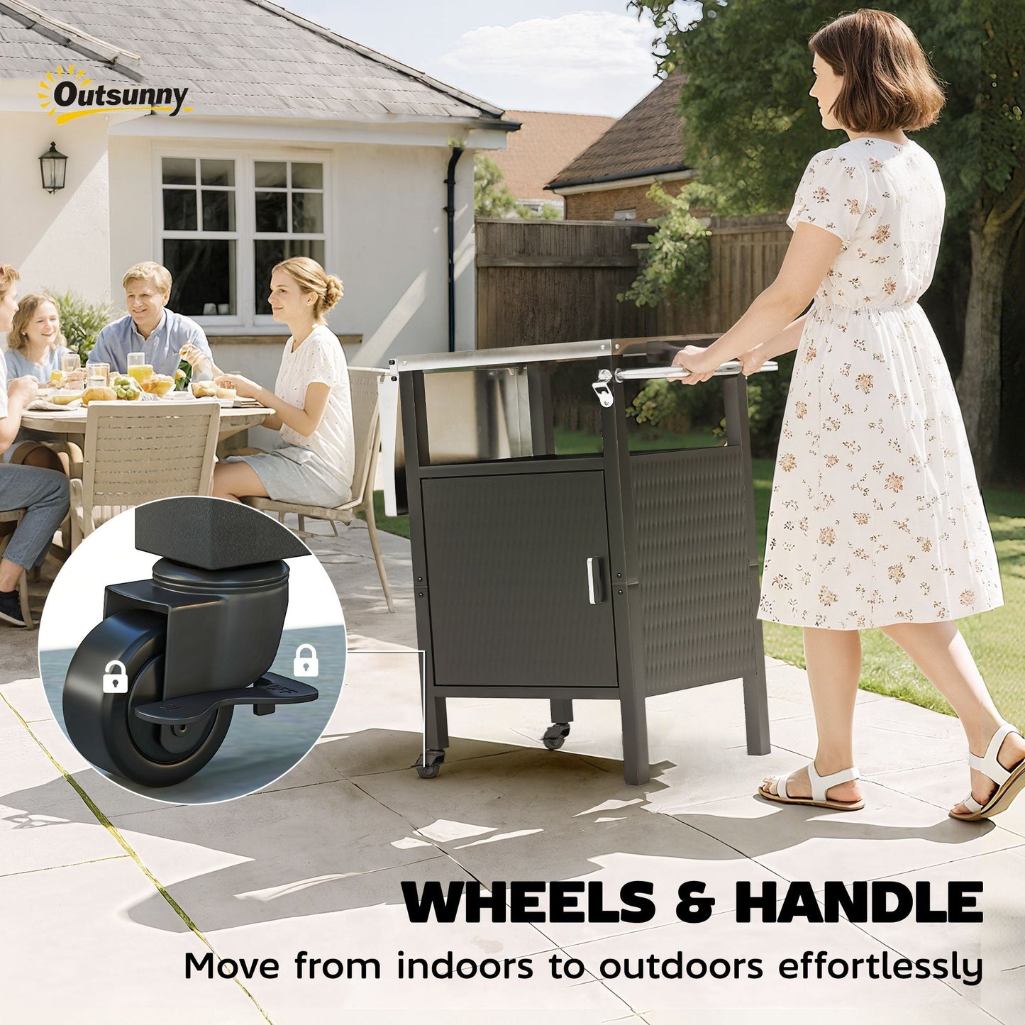 Outdoor Grill Dining Cart with Stainless Steel Top, Pizza Oven Stand Table with Foldable Side Table, Silver