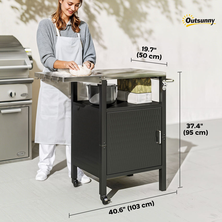 Outdoor Grill Dining Cart with Stainless Steel Top, Pizza Oven Stand Table with Foldable Side Table, Silver