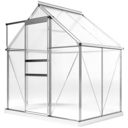 6' x 4' x 6.6' Walk-in Greenhouse, Polycarbonate Greenhouse with Adjustable Roof Vent, Base, Sliding Door, Clear