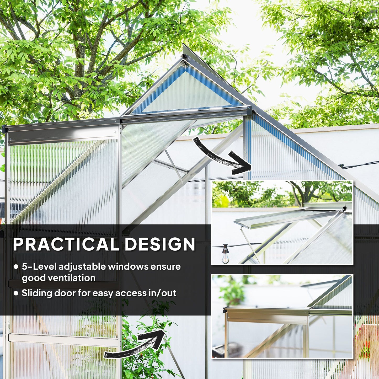 6' x 4' x 6.6' Walk-in Greenhouse, Polycarbonate Greenhouse with Adjustable Roof Vent, Base, Sliding Door, Clear