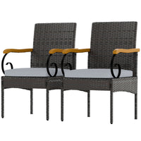 Set of 2 Rattan Outdoor Dining Chairs, Wicker Patio Chairs with Removable Cushion, Acacia Wood Armrests, Light Grey