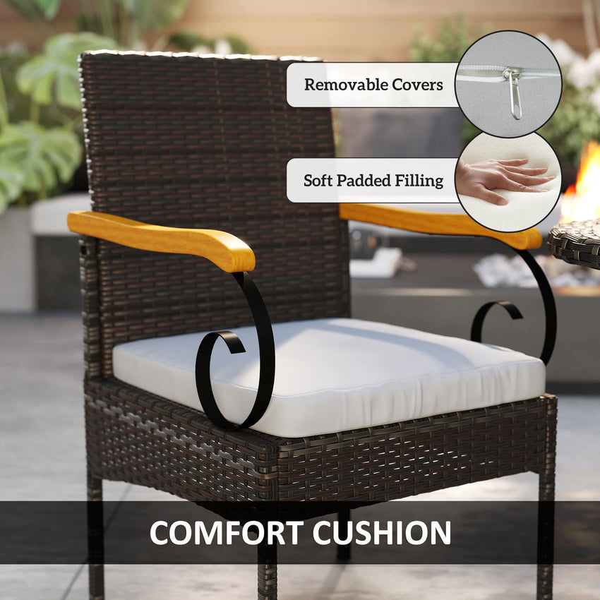 Set of 2 Rattan Outdoor Dining Chairs, Wicker Patio Chairs with Removable Cushion, Acacia Wood Armrests, Light Grey