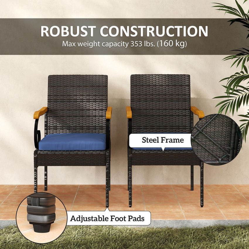 Set of 2 Rattan Outdoor Dining Chairs, Wicker Patio Chairs with Removable Cushion, Acacia Wood Armrests, Navy Blue