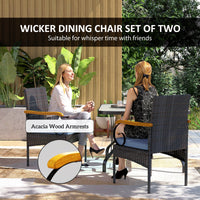 Set of 2 Rattan Outdoor Dining Chairs, Wicker Patio Chairs with Removable Cushion, Acacia Wood Armrests, Navy Blue