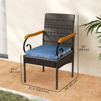 Set of 2 Rattan Outdoor Dining Chairs, Wicker Patio Chairs with Removable Cushion, Acacia Wood Armrests, Navy Blue