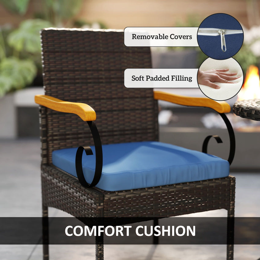 Set of 2 Rattan Outdoor Dining Chairs, Wicker Patio Chairs with Removable Cushion, Acacia Wood Armrests, Navy Blue