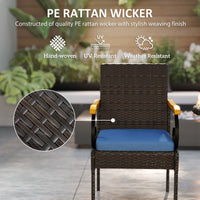 Set of 2 Rattan Outdoor Dining Chairs, Wicker Patio Chairs with Removable Cushion, Acacia Wood Armrests, Navy Blue