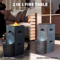 Propane Fire Pit Table with Fountain, 15,000 BTU Outdoor Gas Fire Table with LED Light Adjustable Water Flow, Fire Fountain Water Feature with Decorative Glass Rocks, Grey