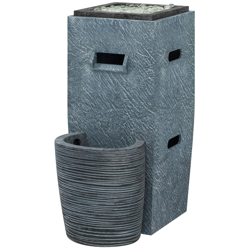 Propane Fire Pit Table with Fountain, 15,000 BTU Outdoor Gas Fire Table with LED Light Adjustable Water Flow, Fire Fountain Water Feature with Decorative Glass Rocks, Grey