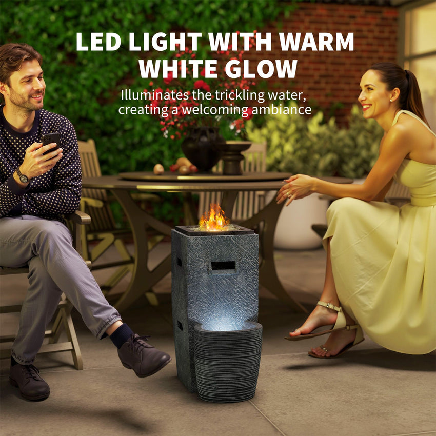 Propane Fire Pit Table with Fountain, 15,000 BTU Outdoor Gas Fire Table with LED Light Adjustable Water Flow, Fire Fountain Water Feature with Decorative Glass Rocks, Grey