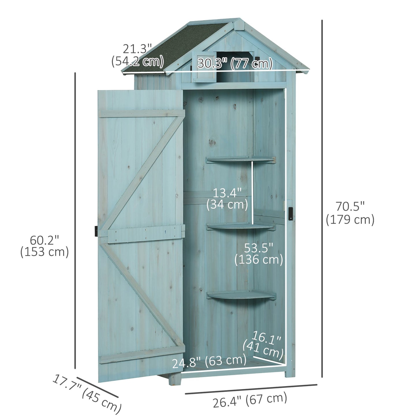 30" x 21" x 71" Garden Storage Shed, Outdoor Tool Utility Storage House with 3 Tier Shelves and Roof, Blue
