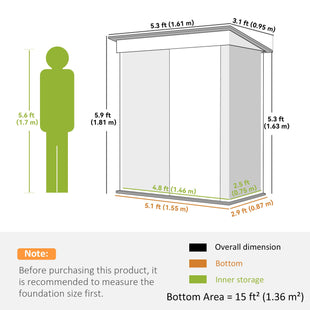 Outdoor Storage Shed, Steel Lean-to Shed with Adjustable Shelf, Lock, Gloves, 5'x3'x6', Green