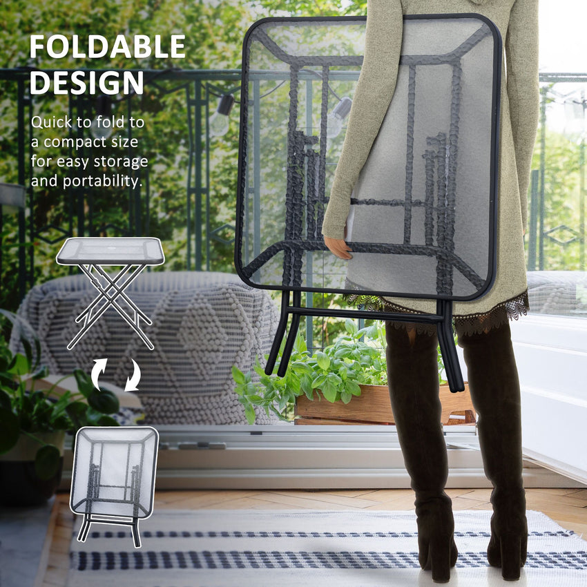 30" Square Outdoor Dining Table, Foldable Patio Table with Umbrella Hole, Water-Grain Glass Top Coffee Table for Balcony, Poolside, Black