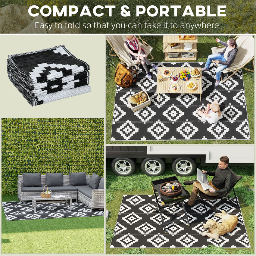 Reversible Outdoor RV Rug, Patio Floor Mat, 6' x 9' Plastic Straw Rug for Backyard, Deck, Beach, Camping, Black & White