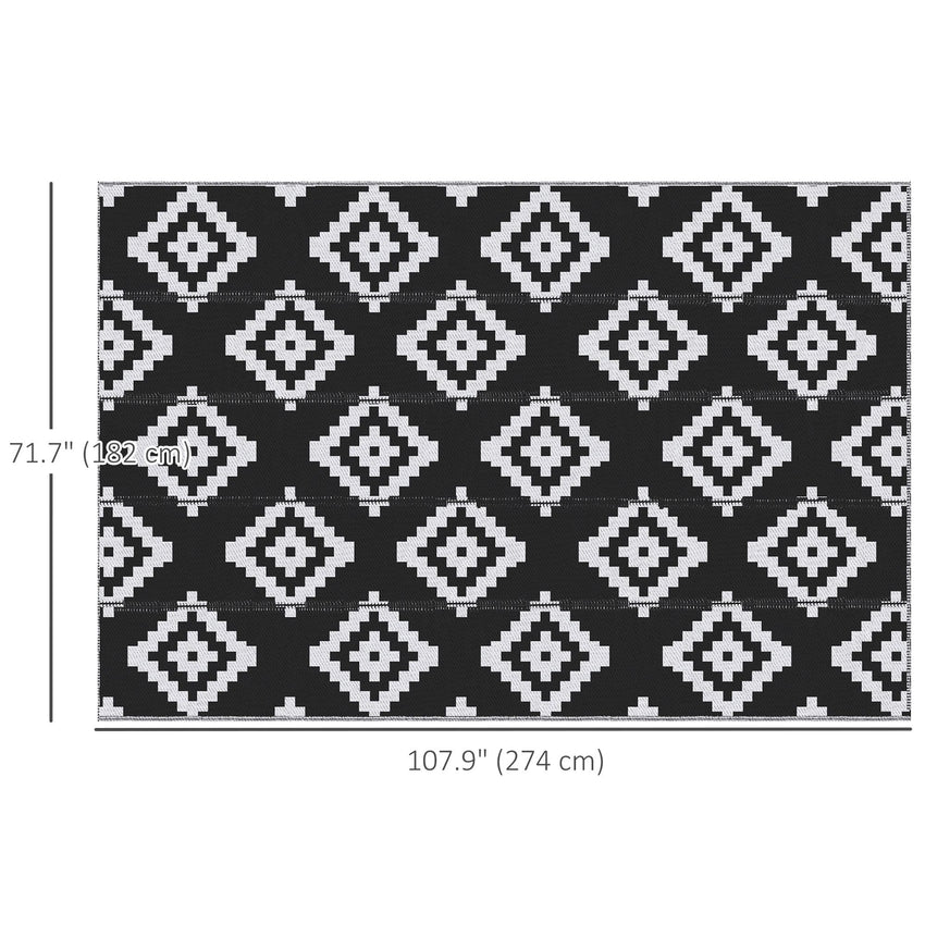 Reversible Outdoor RV Rug, Patio Floor Mat, 6' x 9' Plastic Straw Rug for Backyard, Deck, Beach, Camping, Black & White