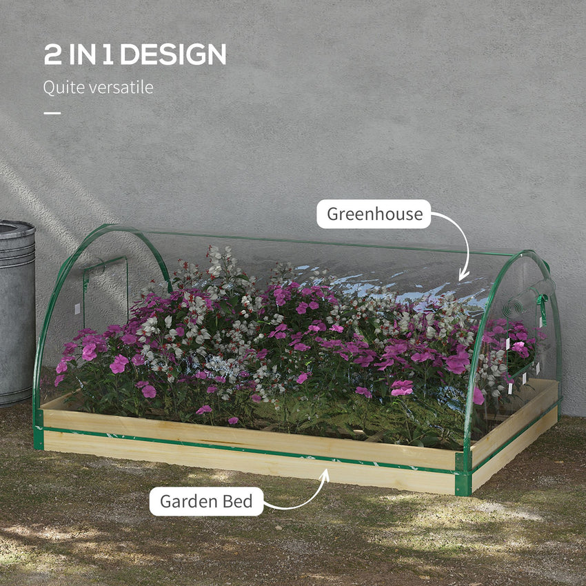 12 Pockets Raised Garden Bed with Greenhouse and Roll Up Windows for Vegetables, Flowers, 4' x 3' x 2', Natural Wood