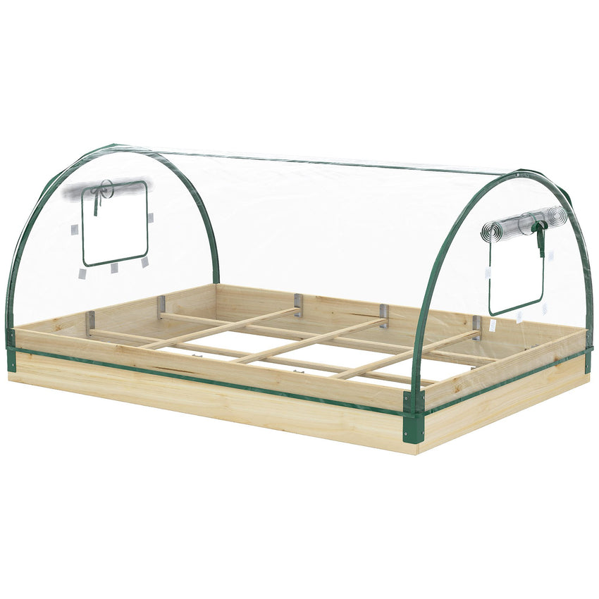 12 Pockets Raised Garden Bed with Greenhouse and Roll Up Windows for Vegetables, Flowers, 4' x 3' x 2', Natural Wood
