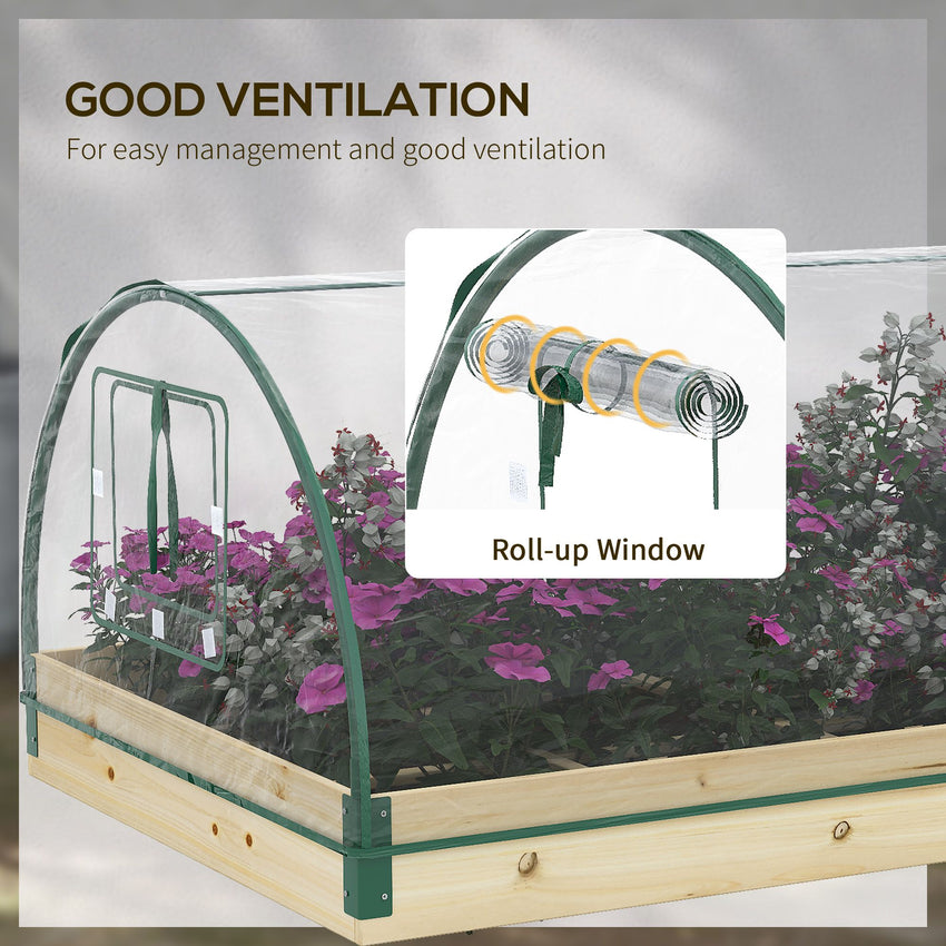 12 Pockets Raised Garden Bed with Greenhouse and Roll Up Windows for Vegetables, Flowers, 4' x 3' x 2', Natural Wood