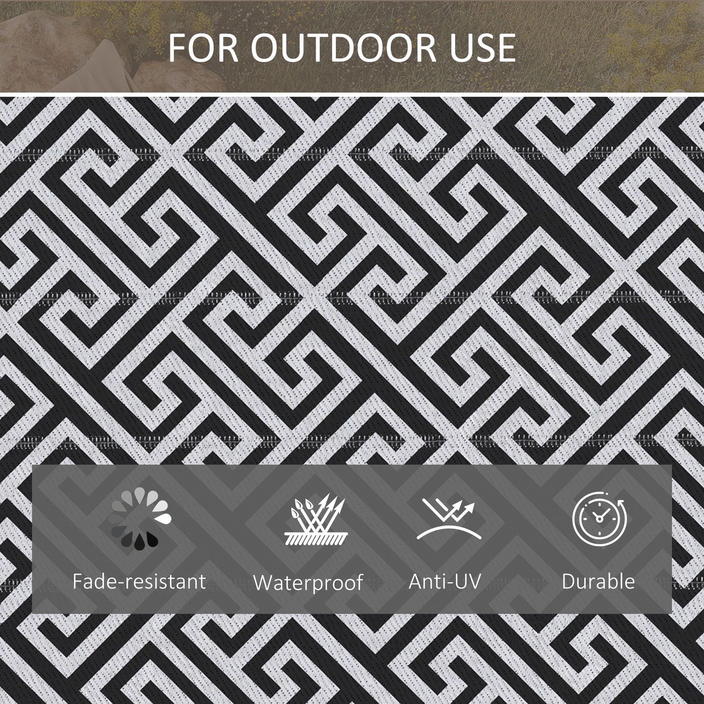 Reversible Outdoor RV Rug, Patio Floor Mat, 6' x 9' Plastic Straw Rug for Backyard, Deck, Beach, Camping, Black & White