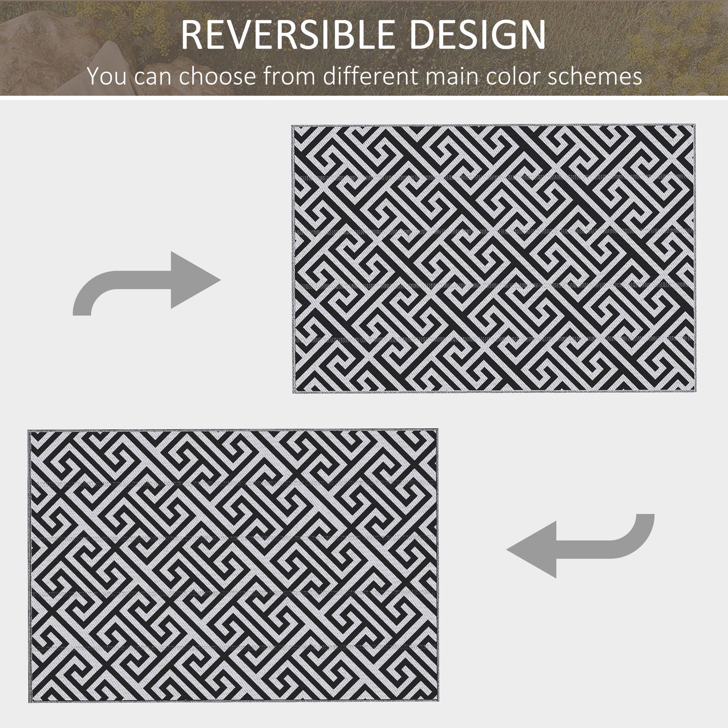 Reversible Outdoor RV Rug, Patio Floor Mat, 6' x 9' Plastic Straw Rug for Backyard, Deck, Beach, Camping, Black & White