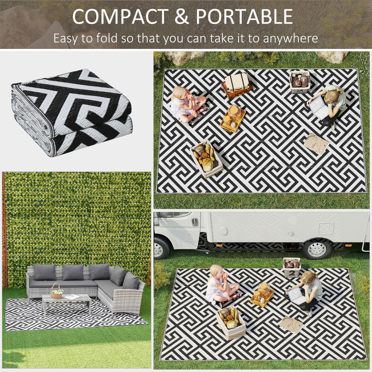 Reversible Outdoor RV Rug, Patio Floor Mat, 6' x 9' Plastic Straw Rug for Backyard, Deck, Beach, Camping, Black & White