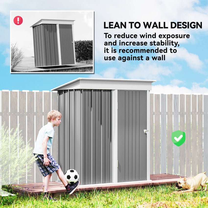 Outdoor Storage Shed, Steel Lean-to Shed with Adjustable Shelf, Lock, Gloves, 5'x3'x6', Grey
