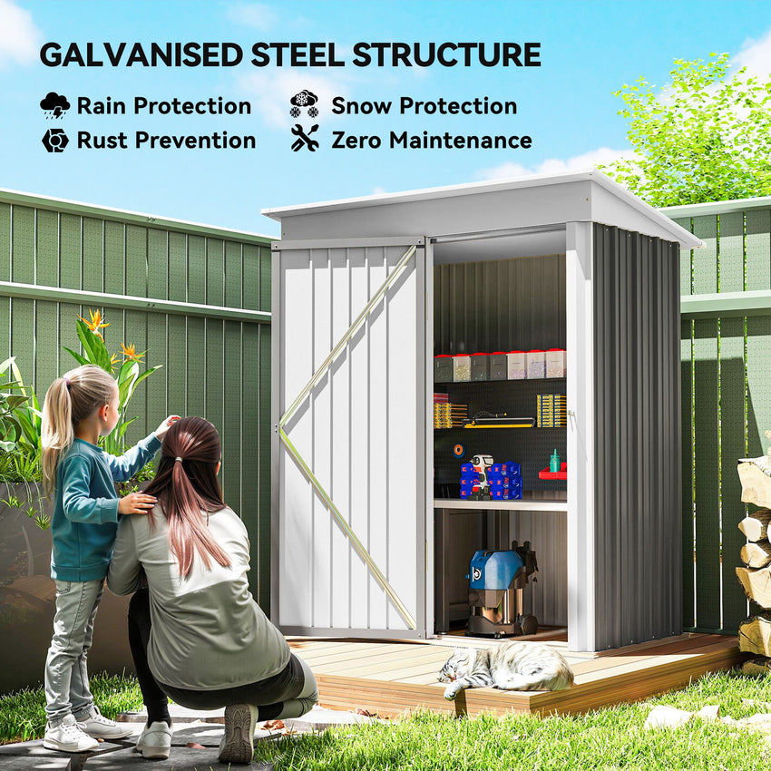 Outdoor Storage Shed, Steel Lean-to Shed with Adjustable Shelf, Lock, Gloves, 5'x3'x6', Grey