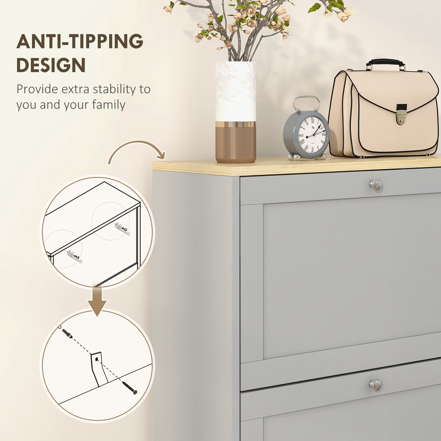 Modern Shoe Storage with 3 Flip Drawers and Adjustable Shelves, Shoe Cabinet Organizer for 18 Pairs of Shoes, Grey