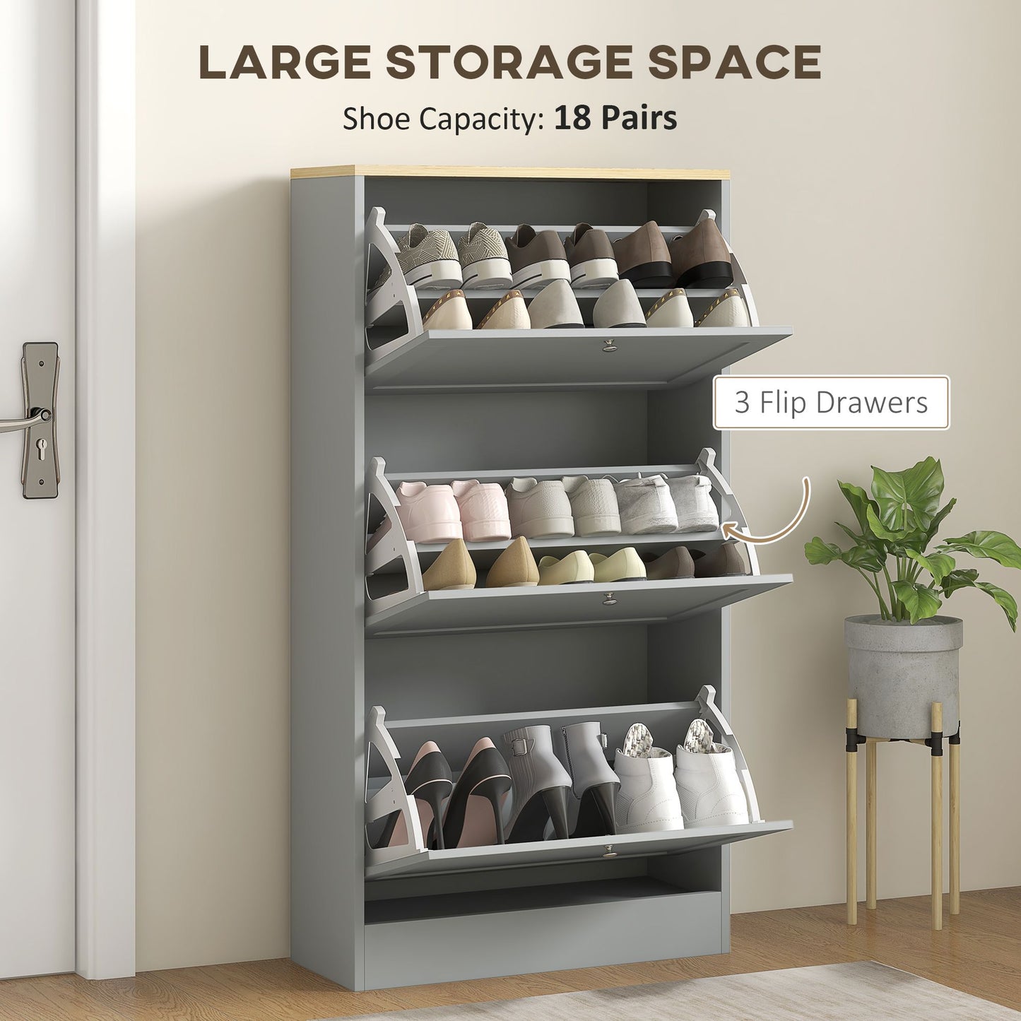 Modern Shoe Storage with 3 Flip Drawers and Adjustable Shelves, Shoe Cabinet Organizer for 18 Pairs of Shoes, Grey