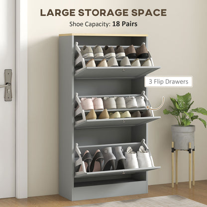 Modern Shoe Storage with 3 Flip Drawers and Adjustable Shelves, Shoe Cabinet Organizer for 18 Pairs of Shoes, Grey