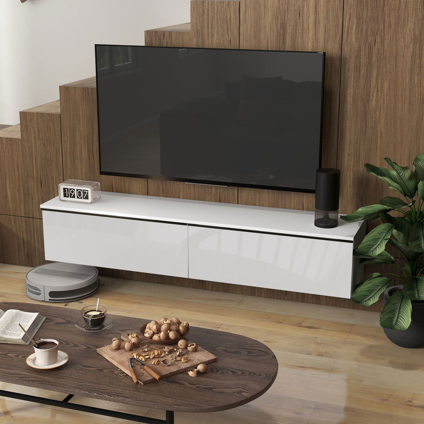 Wall Mounted TV Stand, Floating TV Cabinet for up to 70" TVs with Storage, High Gloss Effect, White