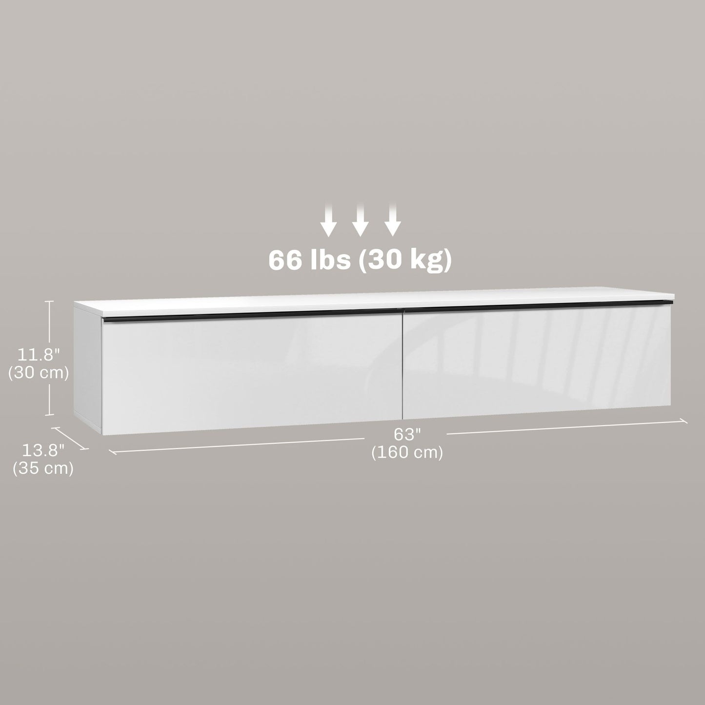 Wall Mounted TV Stand, Floating TV Cabinet for up to 70" TVs with Storage, High Gloss Effect, White