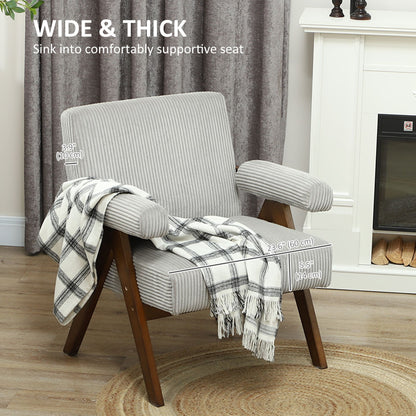 Corduroy Accent Chair Armchair with Wide Seat and Soft Padded Armrests for Reading, Bedroom, Light Grey