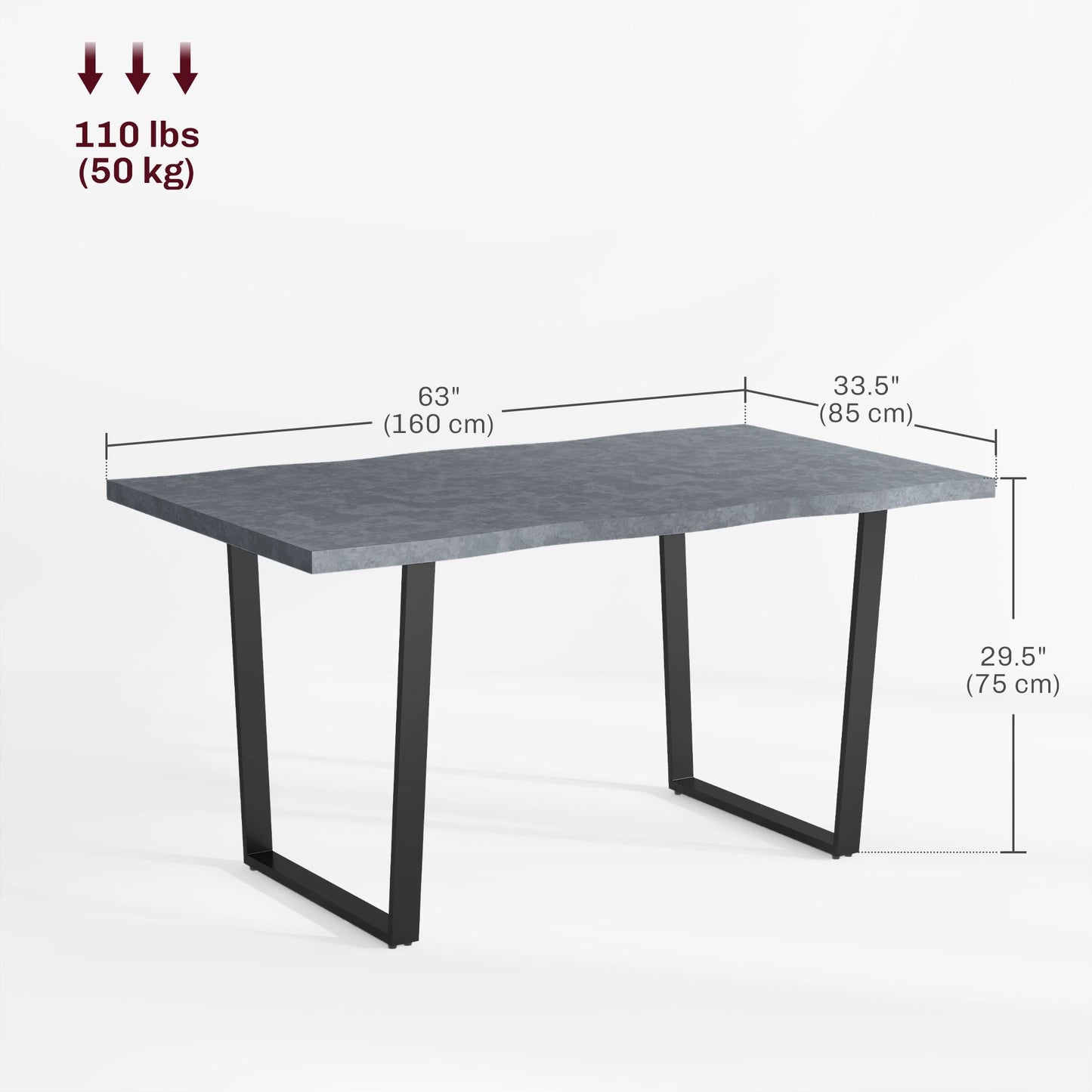 63" Kitchen Table, Industrial Dining Table with Wave-edged Tabletop and Steel Legs for Up to 6 People, Cement Grey
