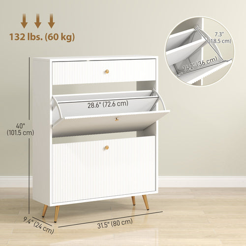 Narrow Shoe Storage Cabinet with Wave-like Panels and Adjustable Shelves for 12 Pairs of Shoes, White