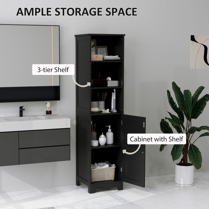 Tall Bathroom Storage Cabinet, Freestanding Tower Cabinet with Adjustable Shelf, 3 Open Shelves, Black
