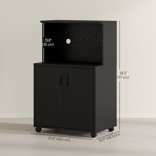 Microwave Cart on Wheels Utility Trolley Storage Sideboard Bookcase with 2-door Cabinet, Black Wood Grain