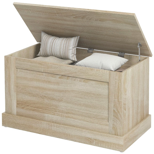 31.5 Inches Storage Chest, Storage Trunk with Safety Hinge, Wooden Box for Living Room, Natural Wood Grain
