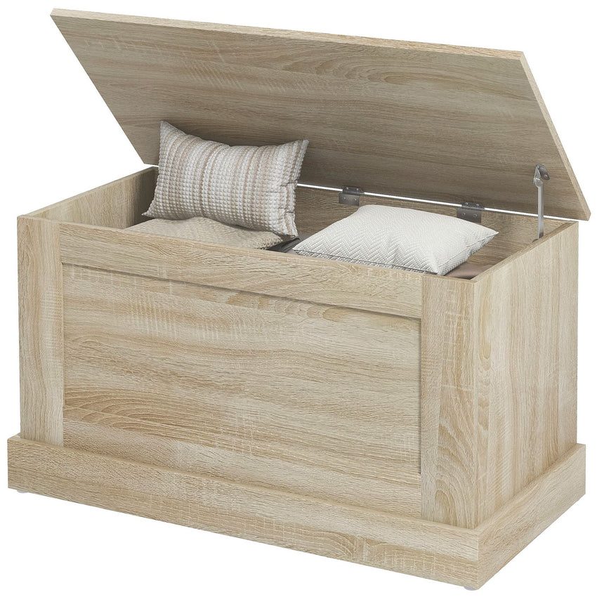 31.5 Inches Storage Chest, Storage Trunk with Safety Hinge, Wooden Box for Living Room, Natural Wood Grain