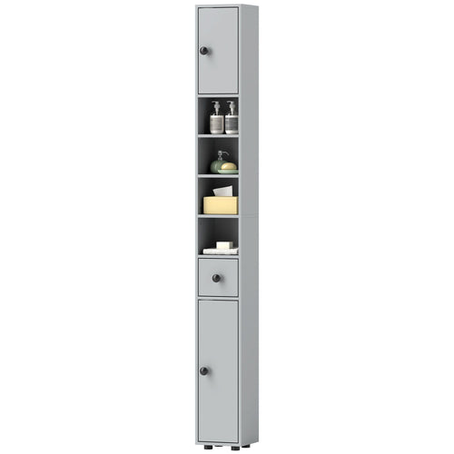 71" Tall Bathroom Cabinet, Narrow Toilet Paper Cabinet with Open Shelves, 2 Door Cabinets, Adjustable Shelves, Grey